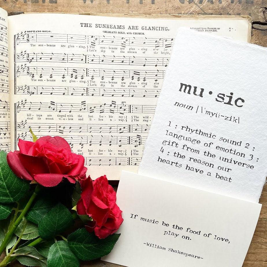 If music be the food of love, play on william shakespeare quote greeting card with envelope and rose sticker seal - Alison Rose Vintage