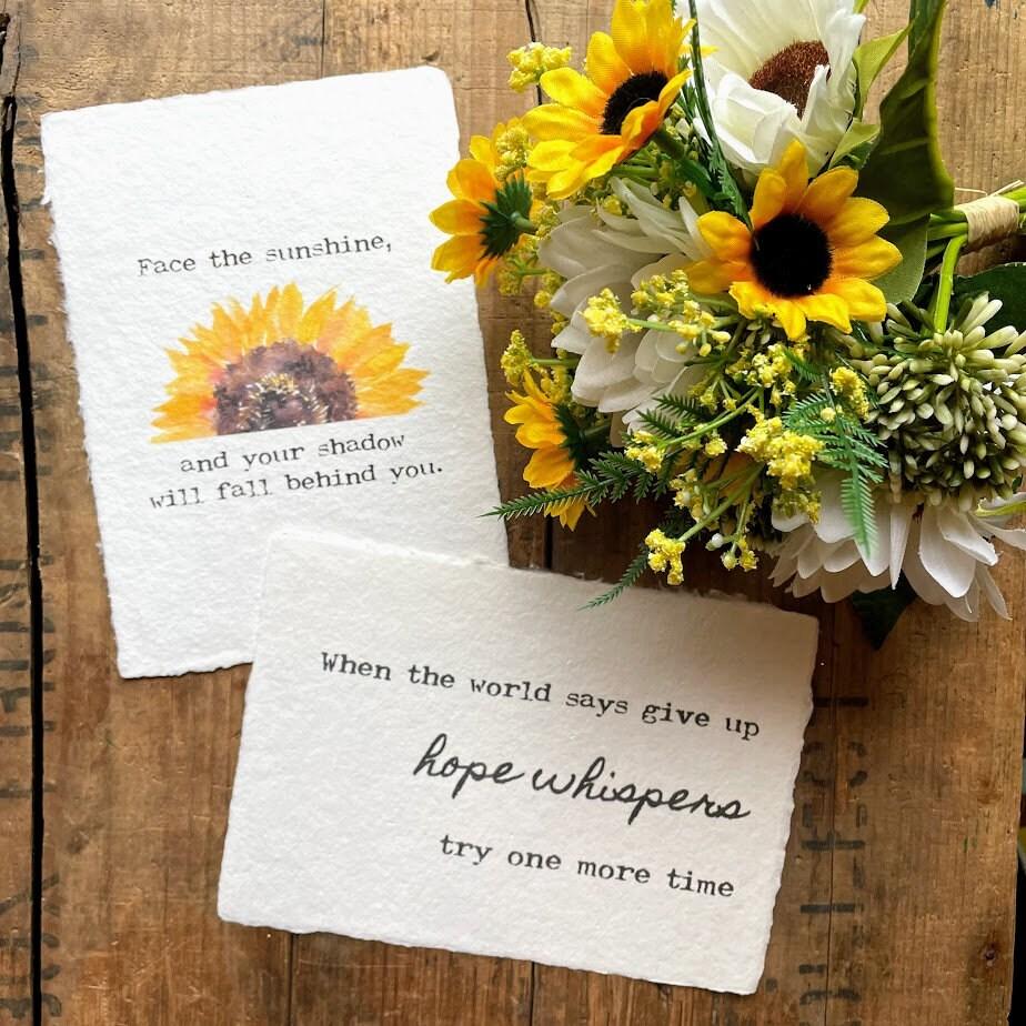 Face the sunshine, and your shadow will fall behind you quote on 5x7 or 8x10 handmade paper, original sunflower watercolor - Alison Rose Vintage