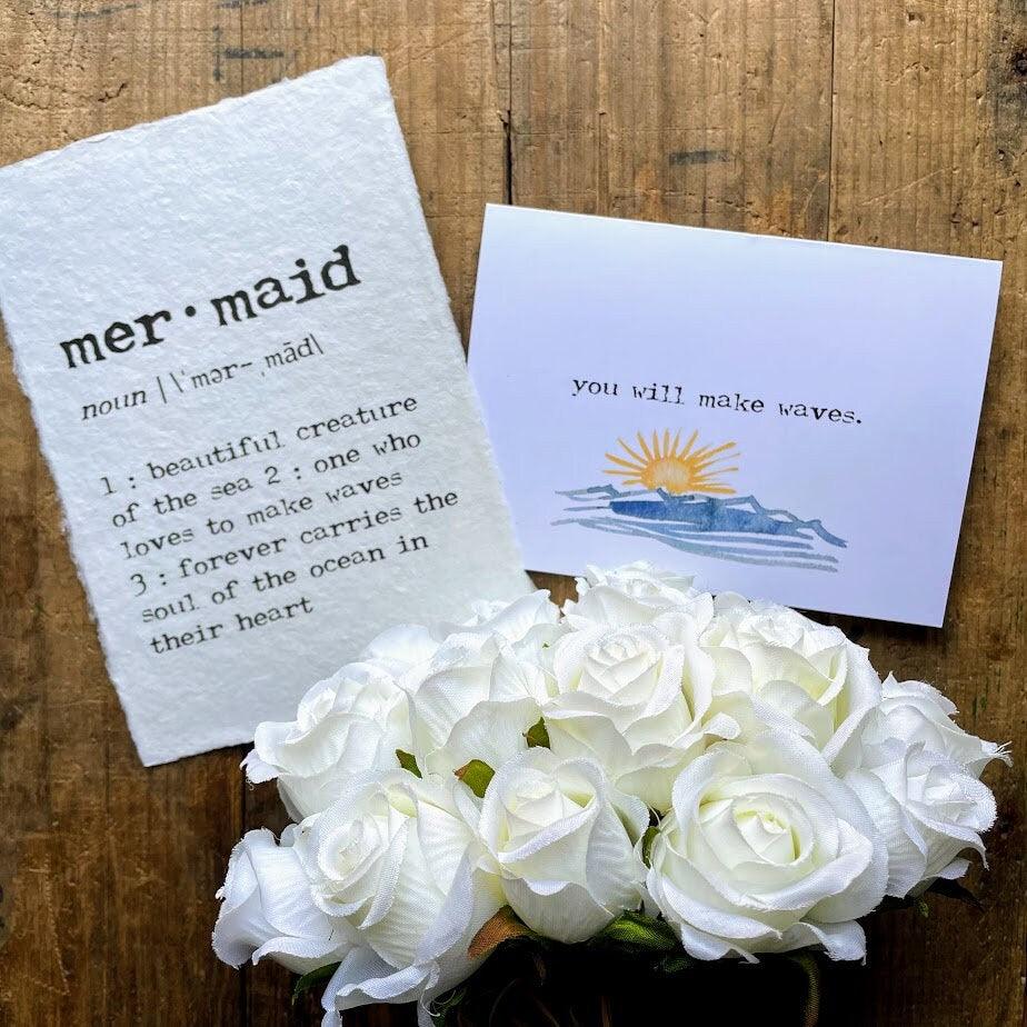 you will make waves compliment card in typewriter font with original watercolor, envelope and rose sticker - Alison Rose Vintage