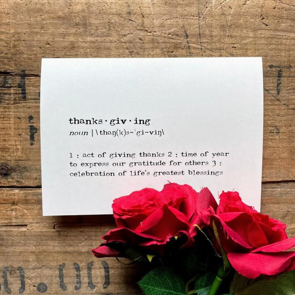 thanksgiving definition greeting card in typewriter font with envelope and rose sticker - Alison Rose Vintage