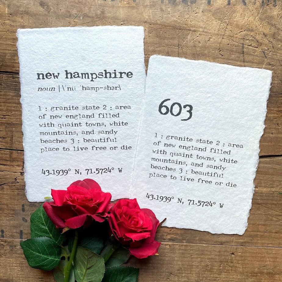 new hampshire OR 603 area code definition print in typewriter font on 5x7 or 8x10 handmade paper - Alison Rose Vintage