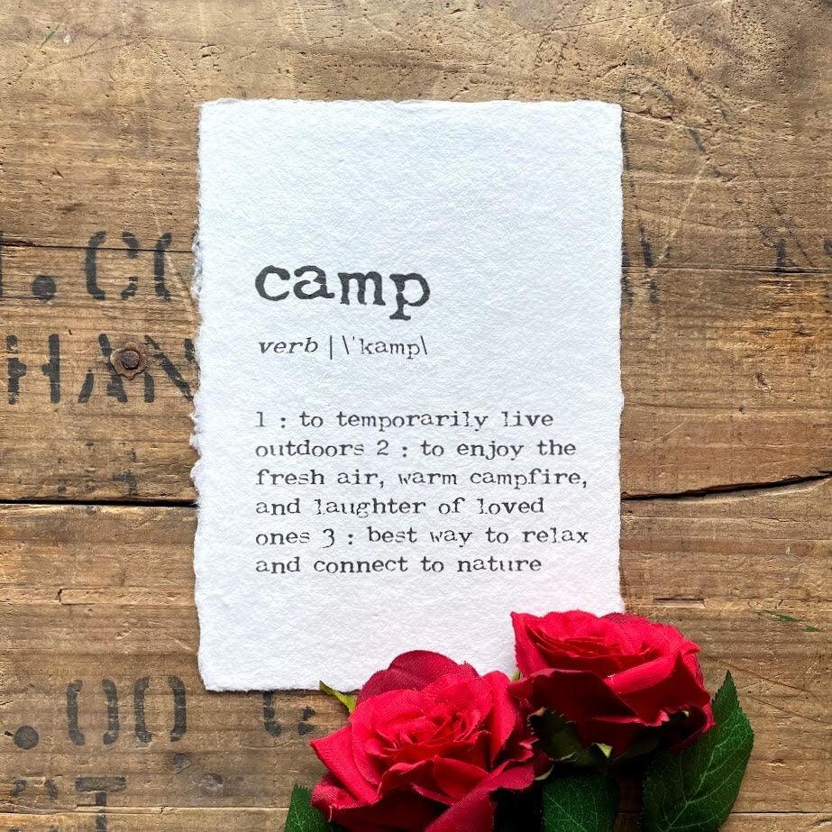 camp definition print in typewriter font on handmade paper