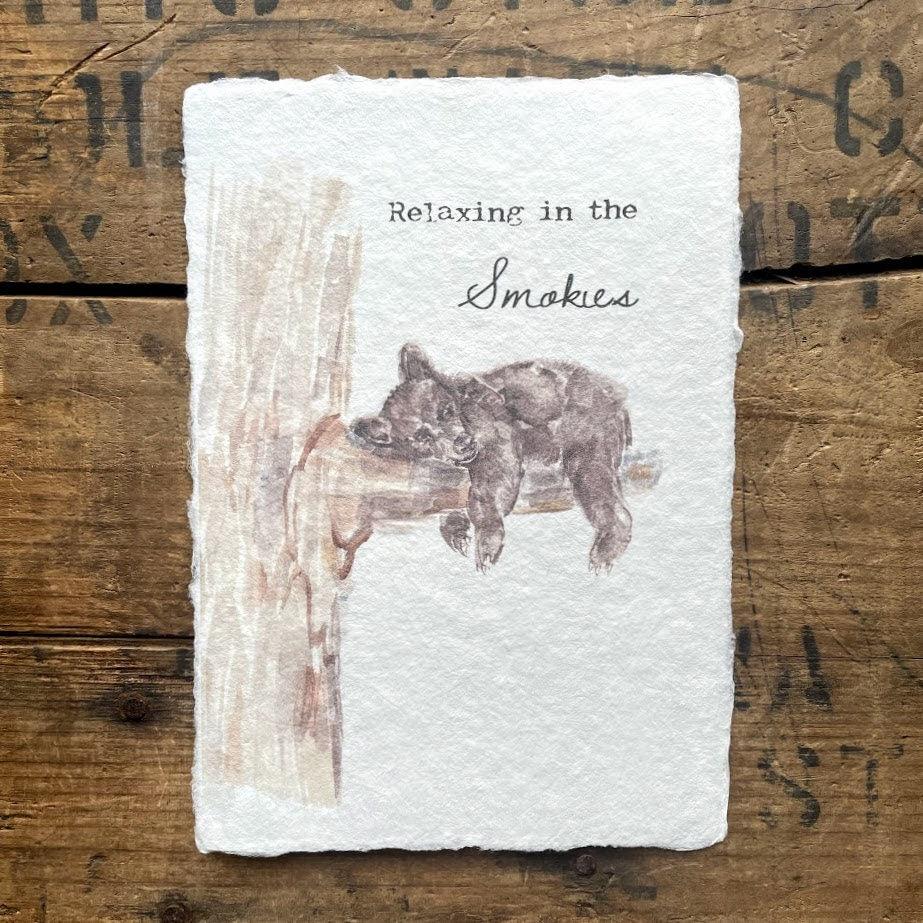 Custom take me to or relaxing in the Smokies, Smoky Mountains print on 5x7 or 8x10 handmade cotton paper with original bear in tree illustration - Alison Rose Vintage