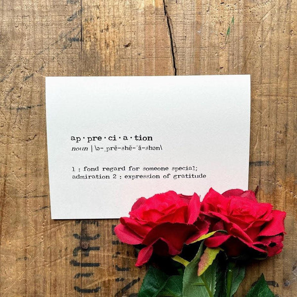 appreciation definition greeting card in typewriter font with envelope and rose sticker - Alison Rose Vintage