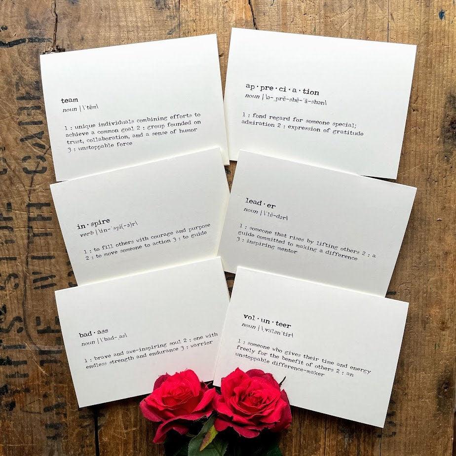 volunteer definition greeting card in typewriter font with envelope and rose sticker - Alison Rose Vintage