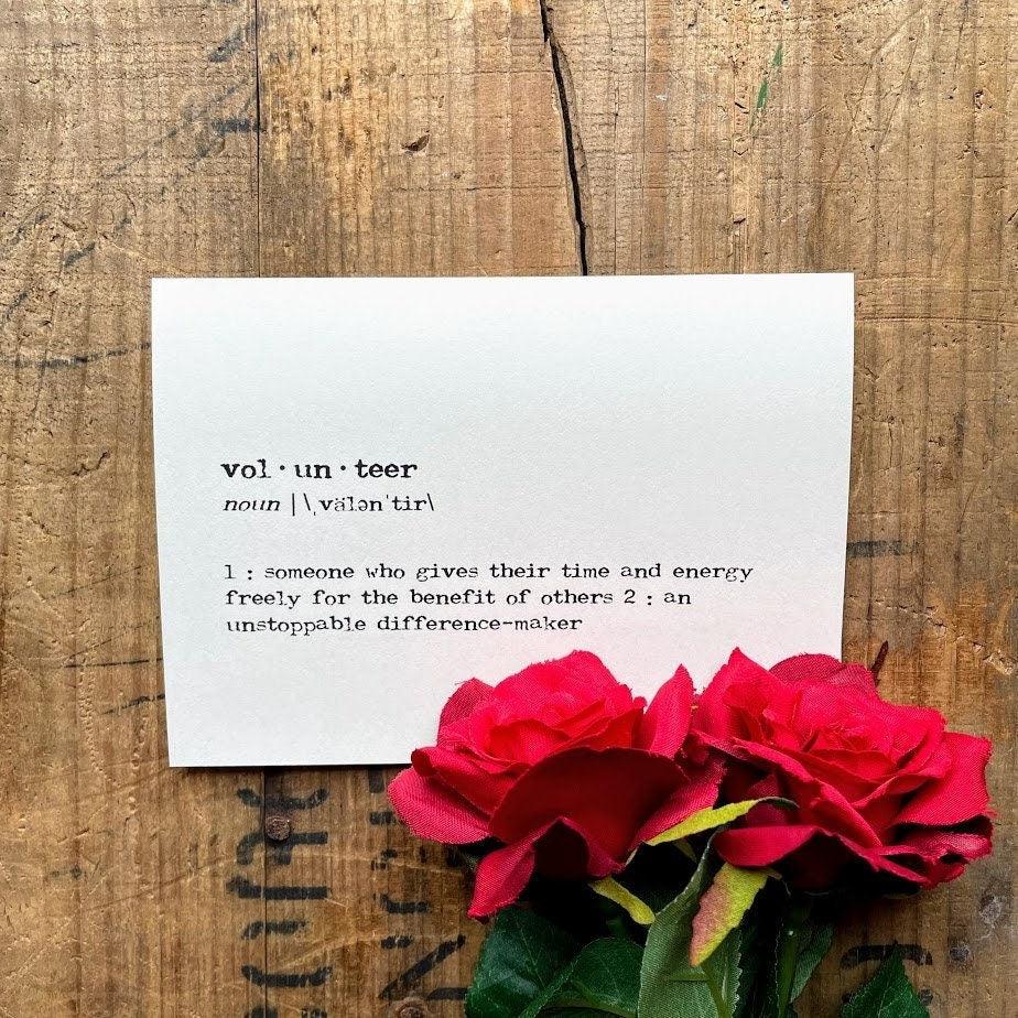 volunteer definition greeting card in typewriter font with envelope and rose sticker - Alison Rose Vintage