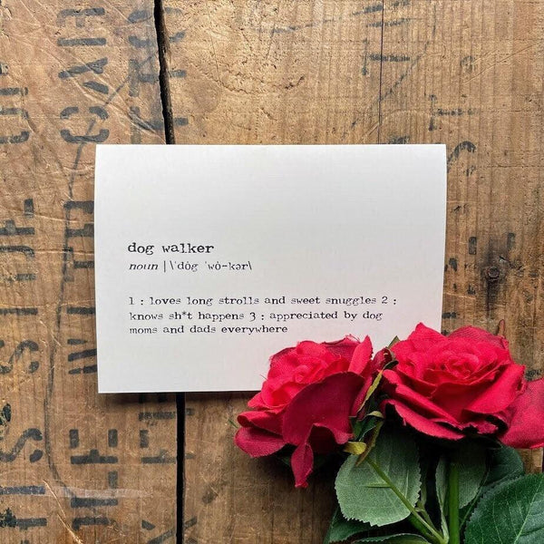 dog walker definition greeting card in typewriter font with envelope and rose sticker - Alison Rose Vintage