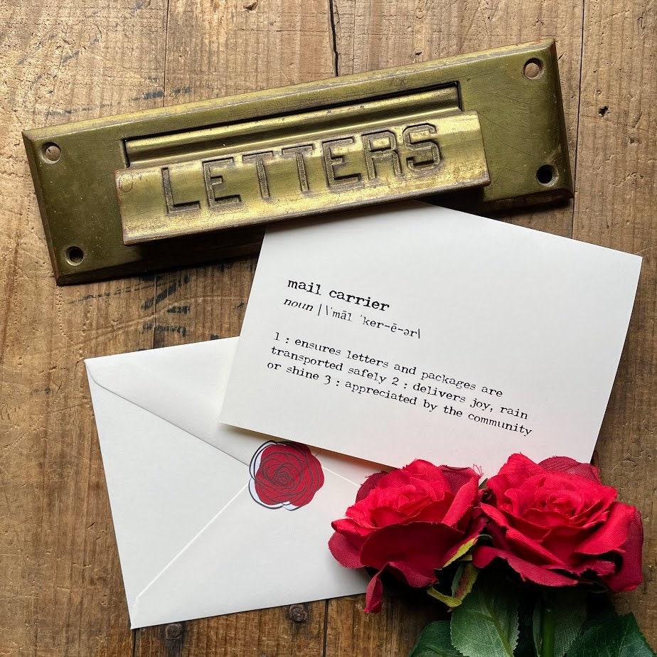 mail carrier definition greeting card in typewriter font with envelope and rose sticker - Alison Rose Vintage