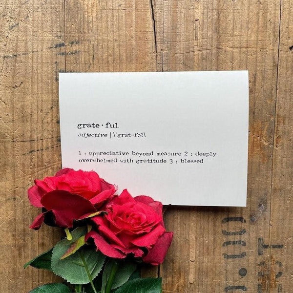 grateful definition greeting card in typewriter font with envelope and rose sticker - Alison Rose Vintage