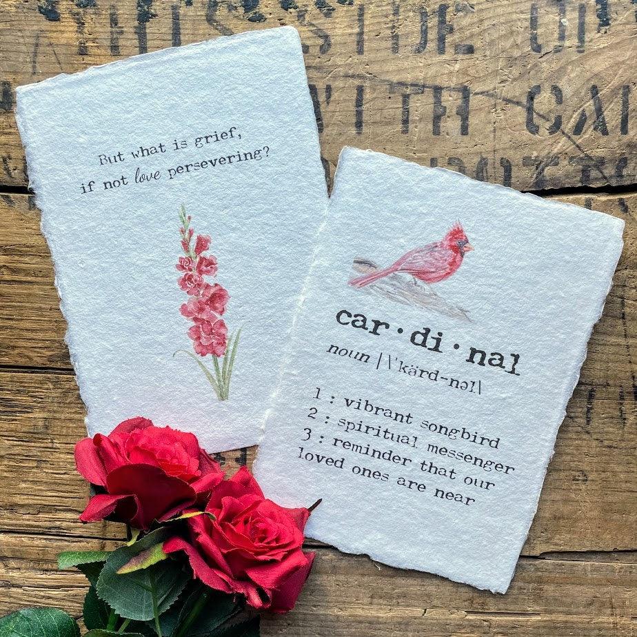 But what is grief, if not love persevering quote on 5x7 or 8x10 handmade paper, red gladiola flower watercolor image - Alison Rose Vintage