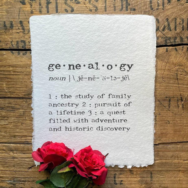genealogy definition print in typewriter font on 5x7 or 8x10 handmade cotton paper - Alison Rose Vintage