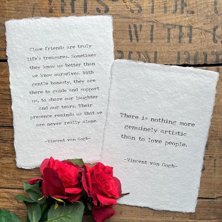 Close friends are truly life's treasures Vincent van Gogh quote on handmade paper - Alison Rose Vintage