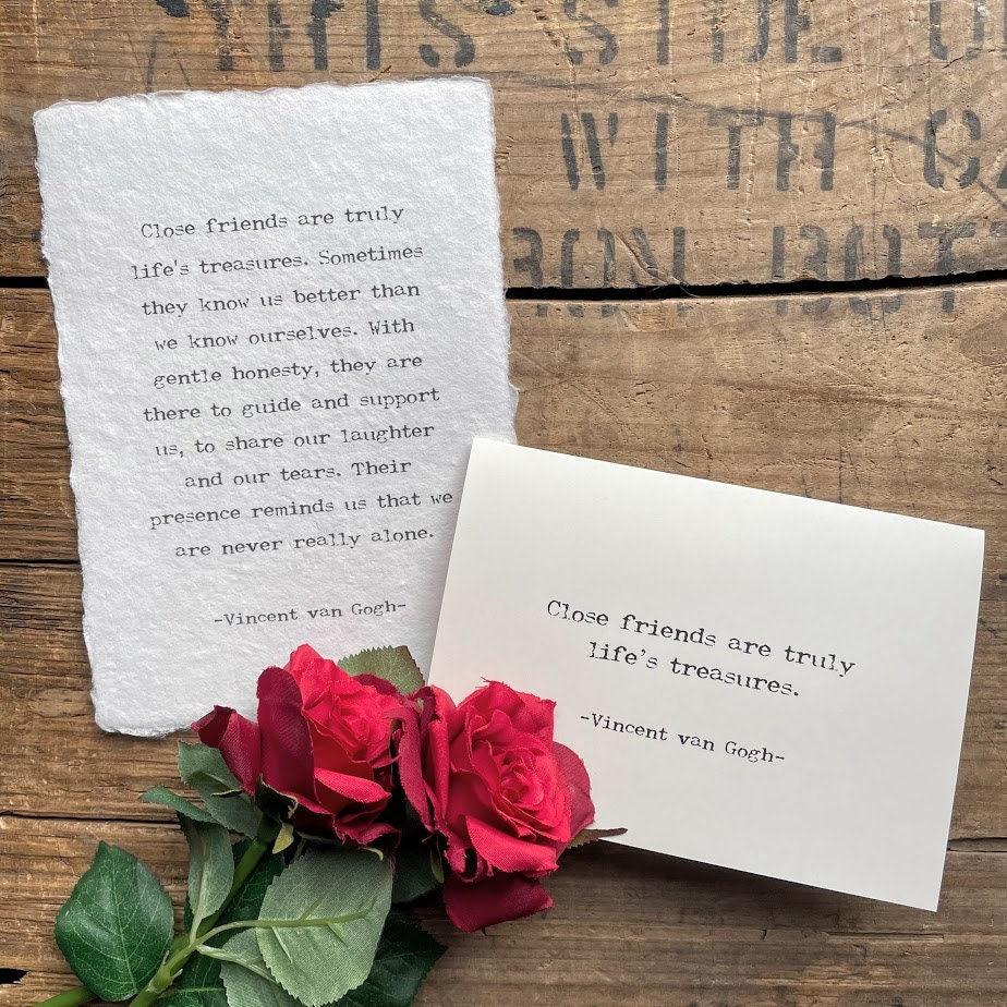 Close friends are truly life's treasures Vincent van Gogh quote greeting card with envelope and rose seal - Alison Rose Vintage