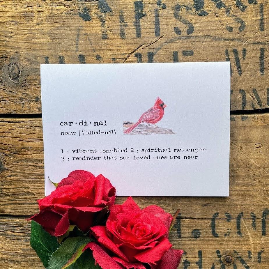 cardinal definition greeting card with original cardinal watercolor, 4" x 5.5", includes envelope and rose sticker seal - Alison Rose Vintage