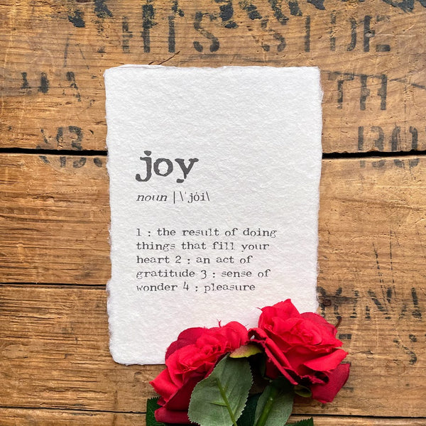 joy definition print in typewriter font on handmade cotton paper