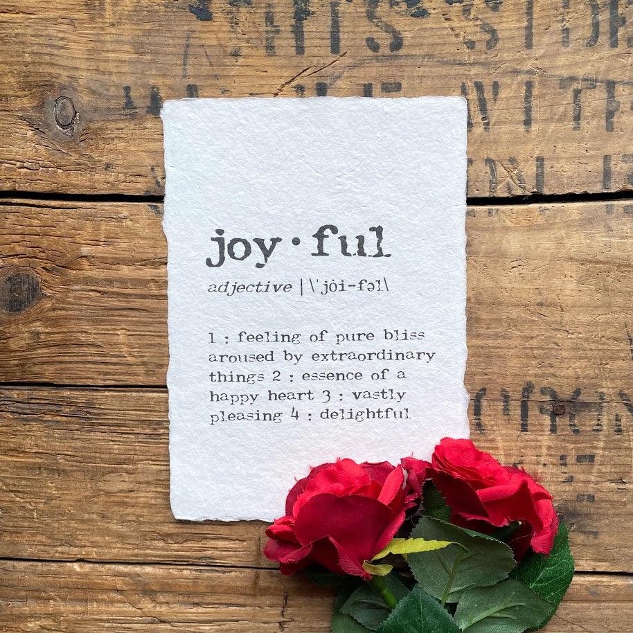 joyful definition print in typewriter font on handmade cotton paper - Alison Rose Vintage
