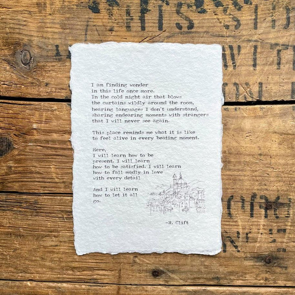 Learn to let go travel poem by R. Clift on handmade paper