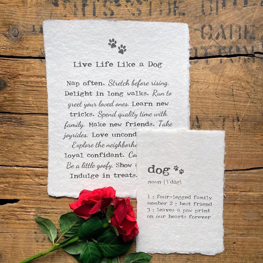 Live Life Like a Dog print in typewriter and script font on handmade paper
