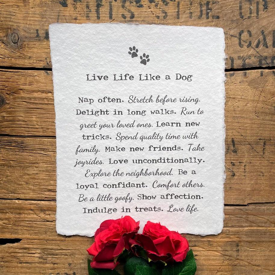 Live Life Like a Dog print in typewriter and script font on handmade paper