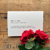 memories definition greeting card in typewriter font with envelope and rose sticker.