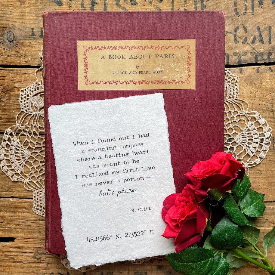 My first love is a place travel poem by R. Clift on handmade paper with custom coordinates