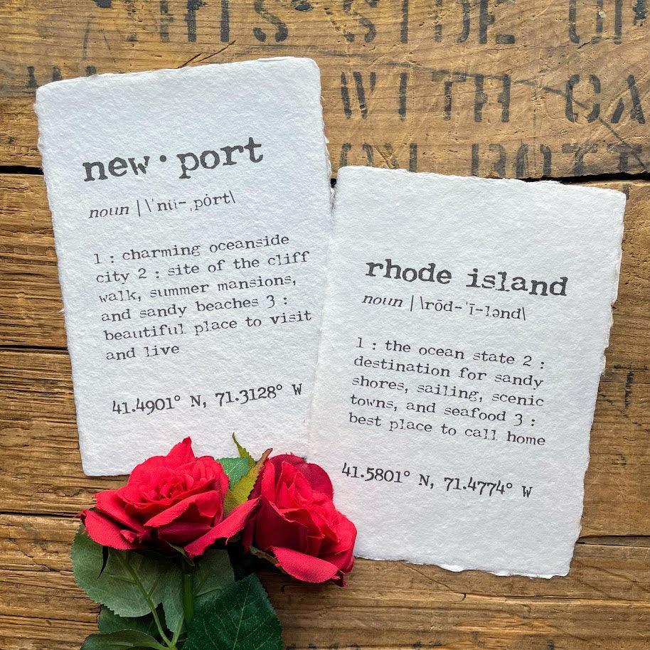 newport rhode island definition print on handmade paper. Newport is a charming oceanside city, site of the cliff walk, summer mansions, and sandy beaches, and a beautiful place to visit and live.