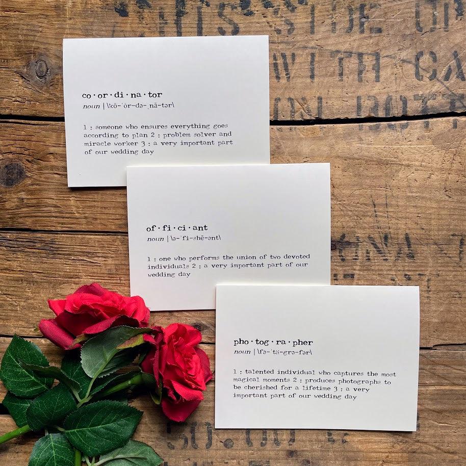 officiant definition greeting card in typewriter font with an envelope and red rose sticker seal.