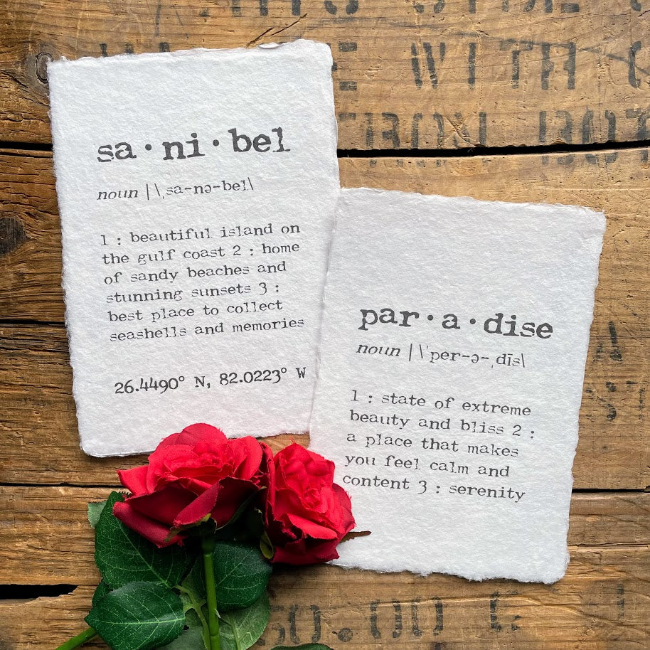 paradise definition print in typewriter font on handmade cotton paper