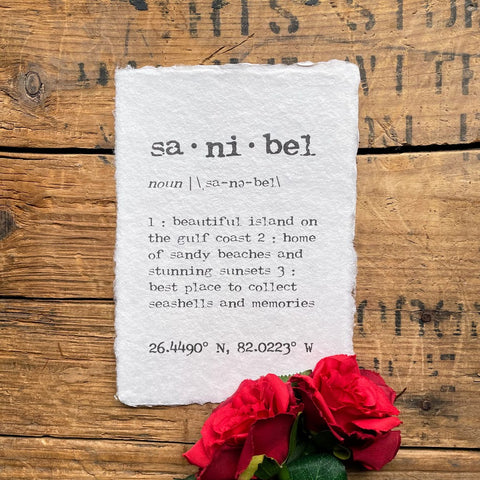 sanibel, florida definition print in typewriter font on handmade cotton rag paper