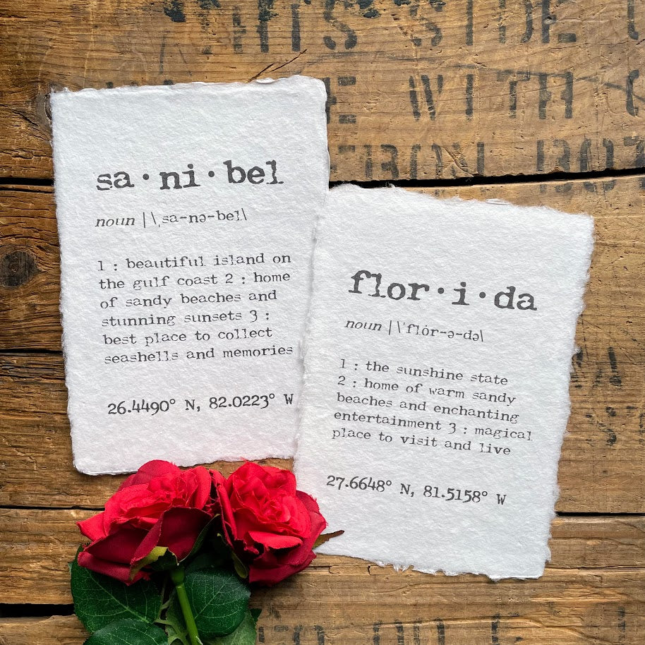 sanibel, florida definition print in typewriter font on handmade cotton rag paper