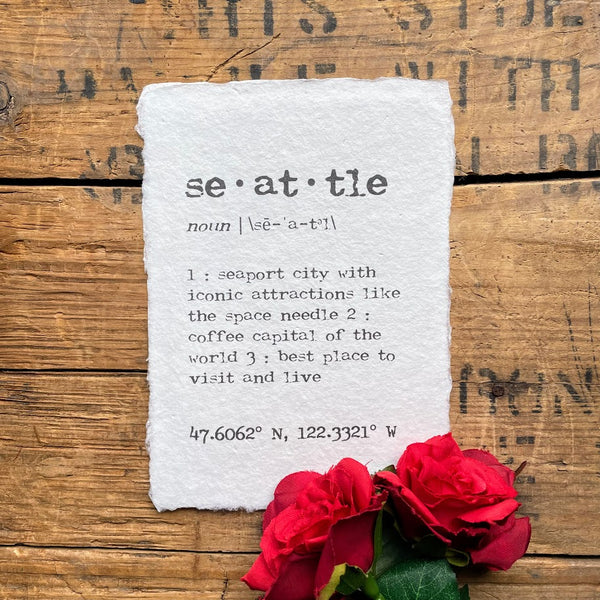 seattle, washington definition print in typewriter font on handmade cotton rag paper