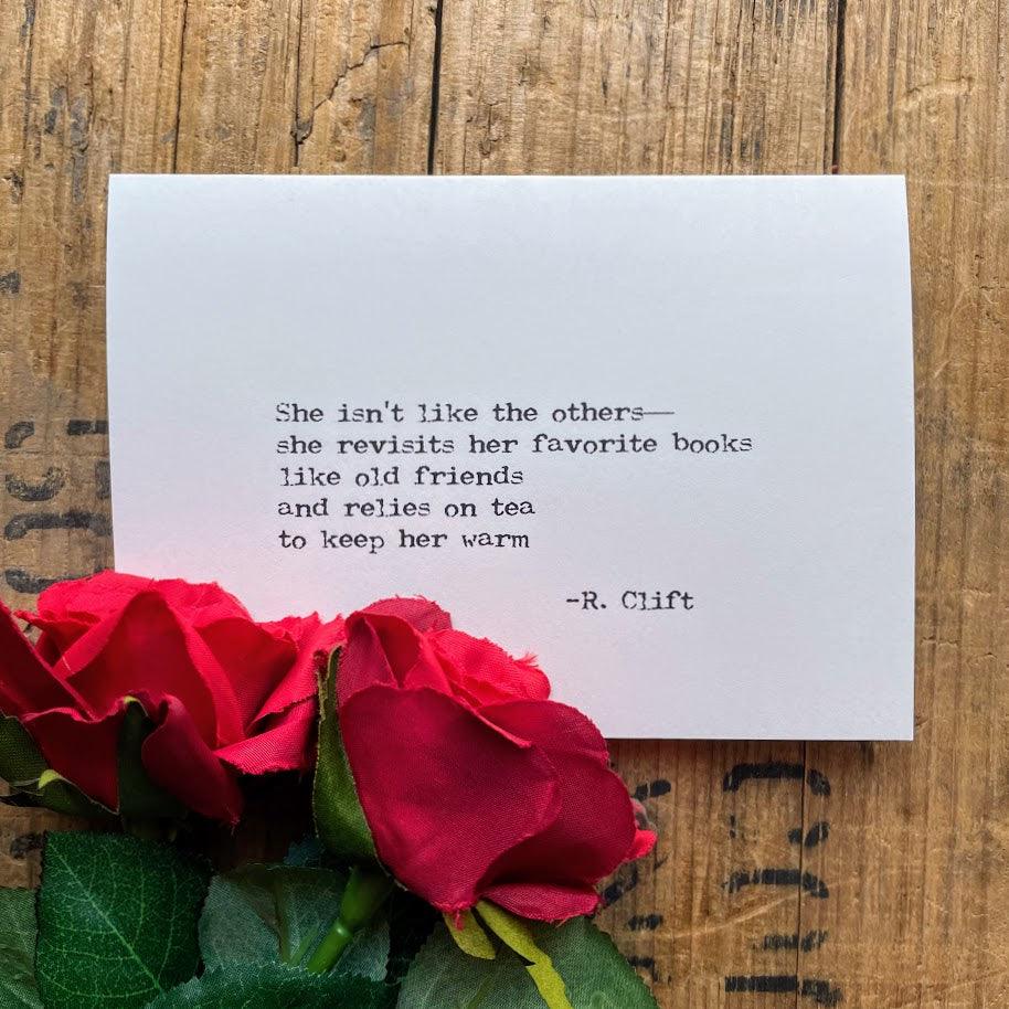 Books and tea R. Clift quote greeting card - Alison Rose Vintage