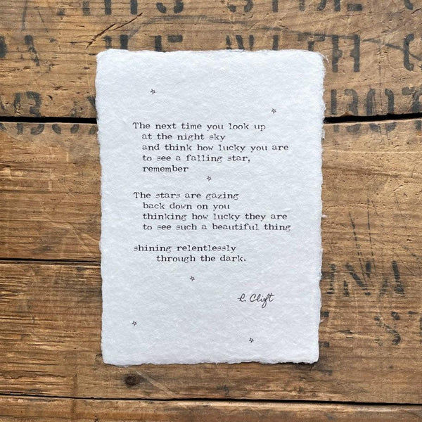 You shine like the stars poem by R. Clift in typewriter font on 5x7, 8x10, 11x14 handmade paper with star doodles