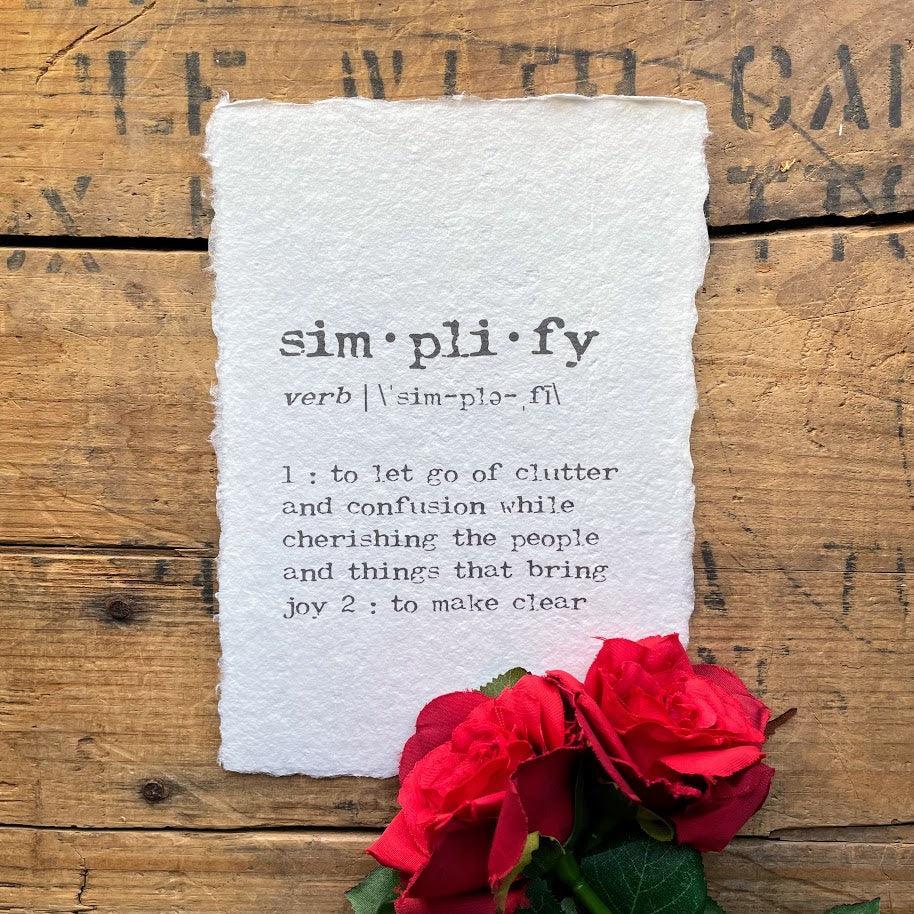 simplify definition print in typewriter font on handmade cotton paper - Alison Rose Vintage