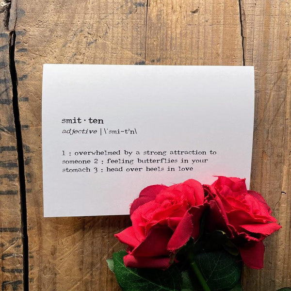 smitten definition greeting card in typewriter font with envelope and rose sticker