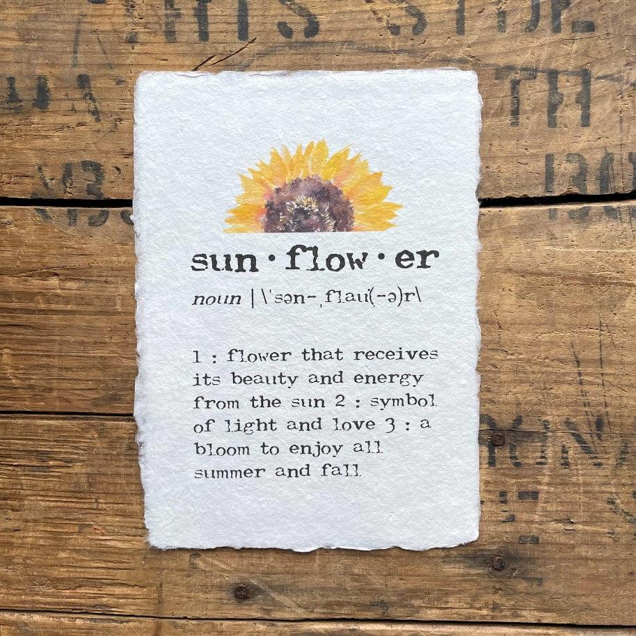 sunflower definition print in typewriter font on handmade cotton paper with original sunflower watercolor - Alison Rose Vintage