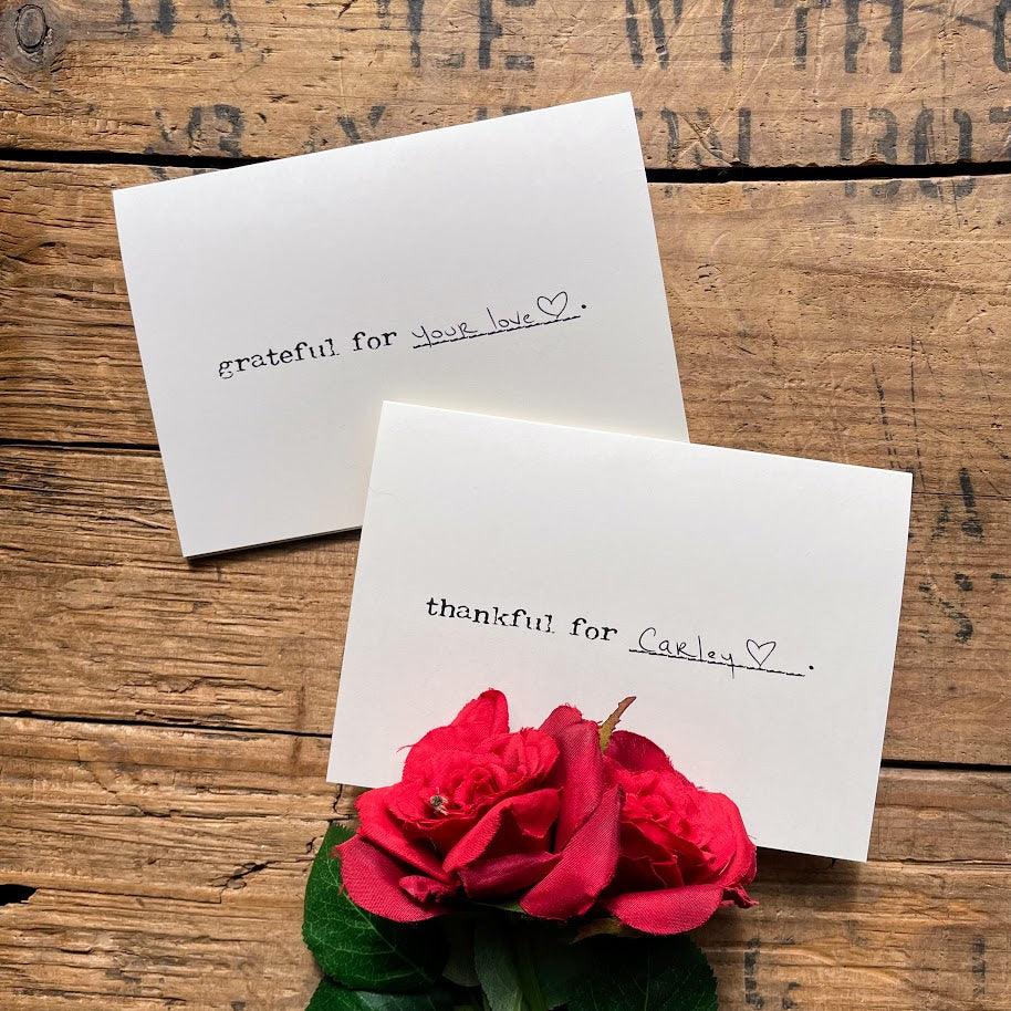 grateful for "blank" greeting card in typewriter font with envelope and rose sticker.