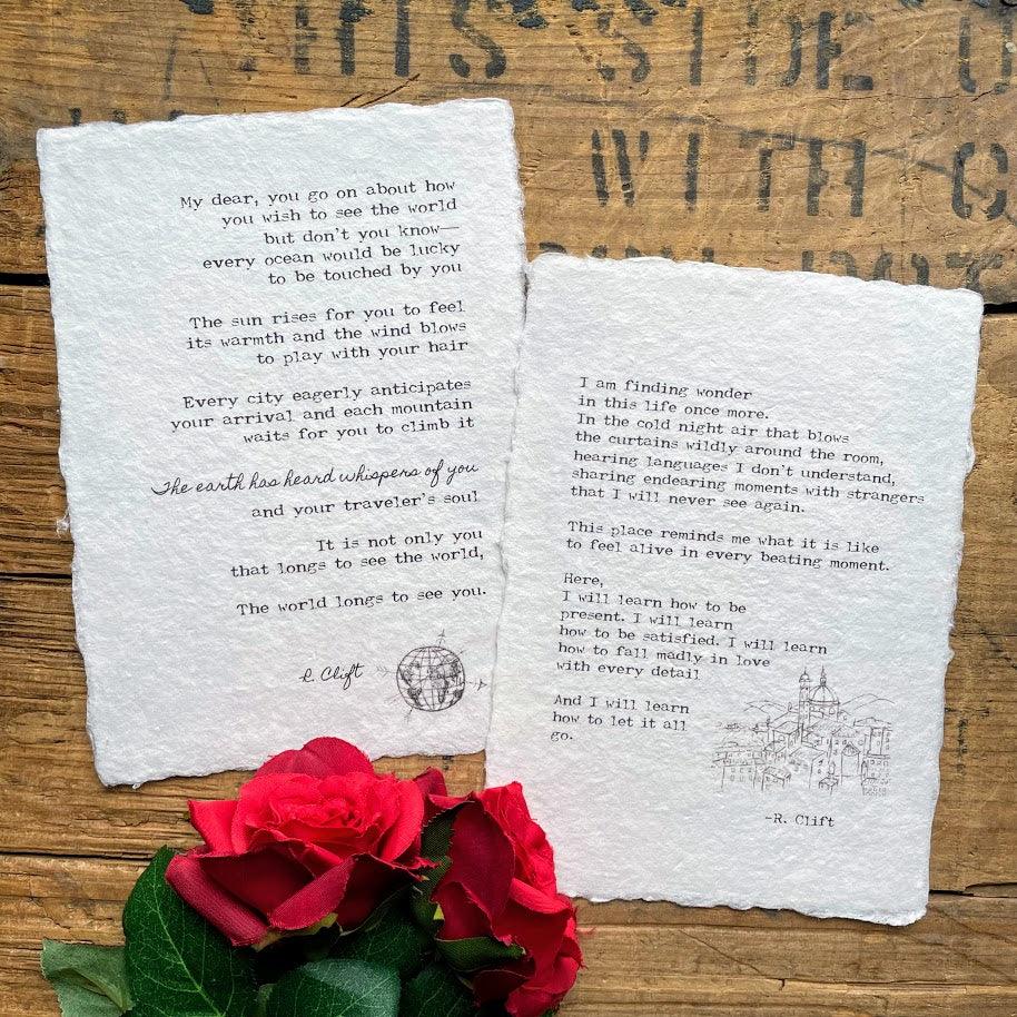 The world longs to see you travel poem by R. Clift on handmade paper