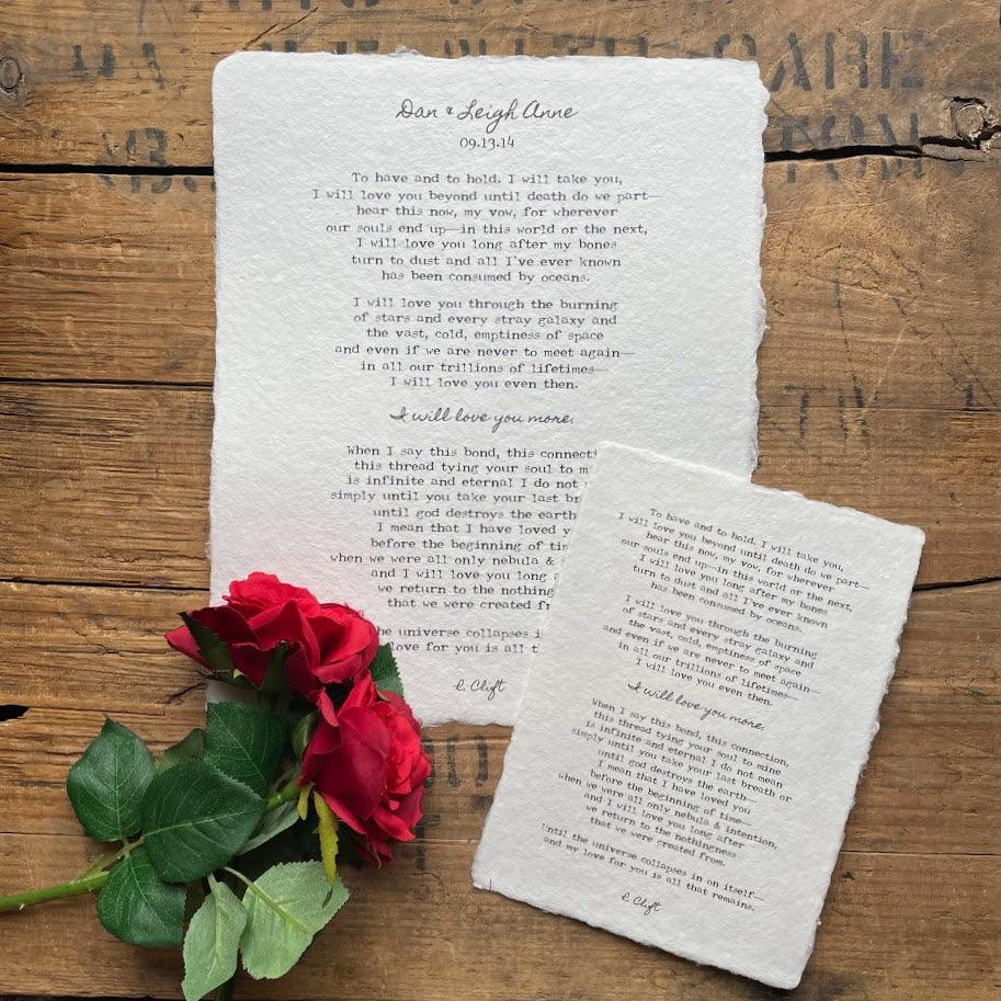 To have and to hold wedding vows poem by R. Clift with custom option on 5x7, 8x10, 11x14 handmade paper