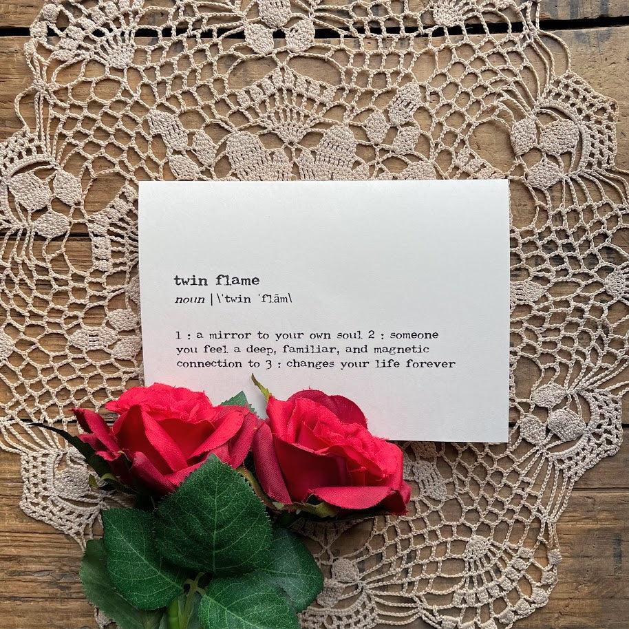 twin flame definition greeting card in typewriter font with envelope and rose sticker seal - Alison Rose Vintage